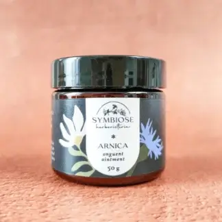 Onguent Arnica en pot de 50 g sur fond terracotta, Symbiose Herboristerie