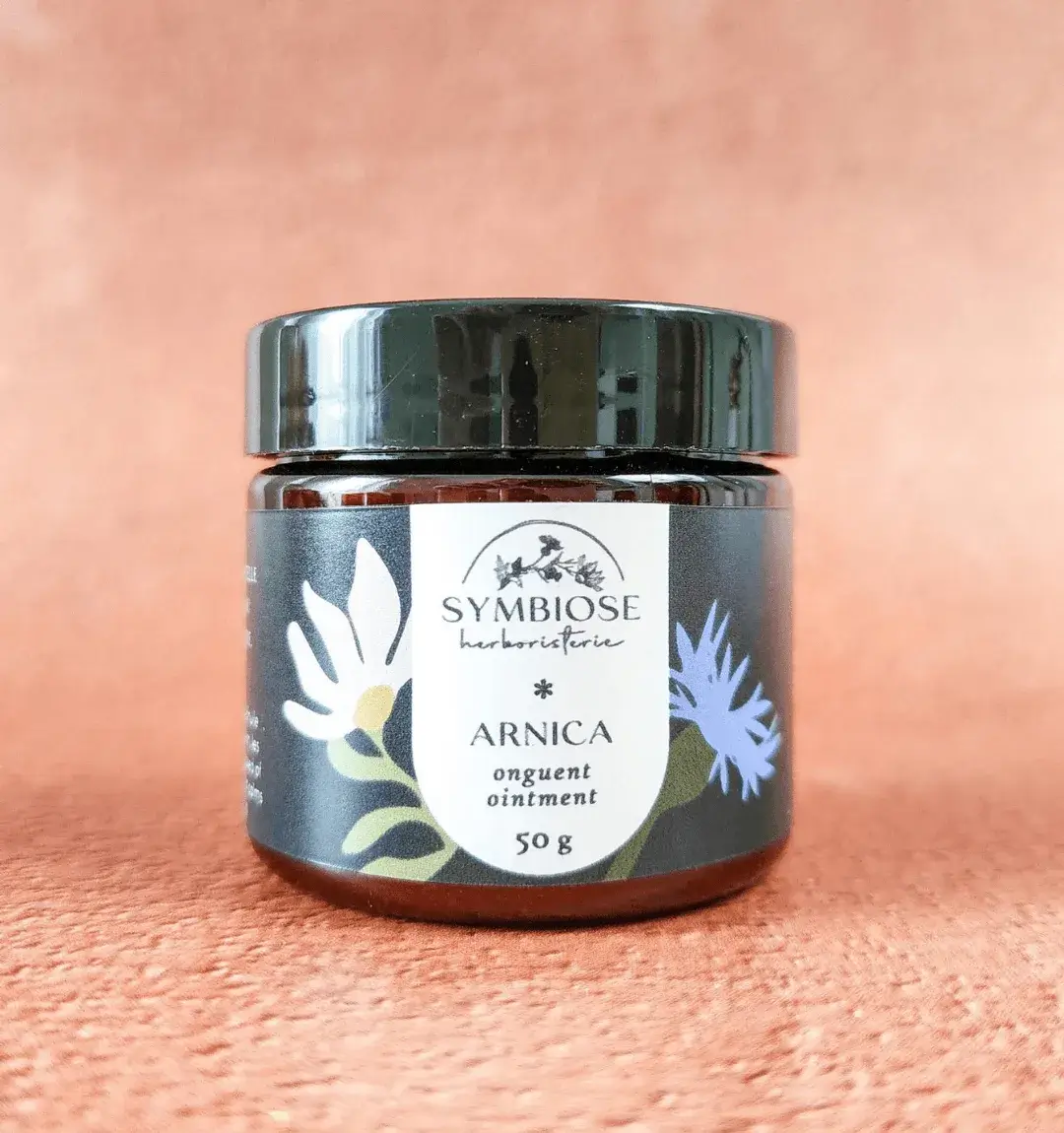 Onguent Arnica en pot de 50 g sur fond terracotta, Symbiose Herboristerie